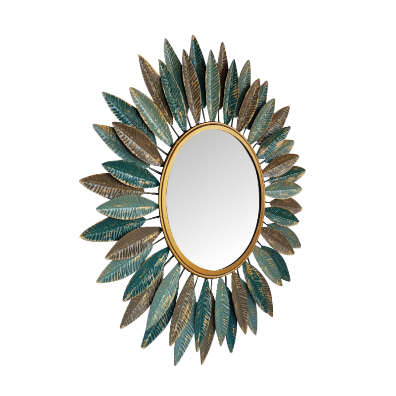 Miroir rond feuilles bleues et dorées D61  | Deco-Delight.com