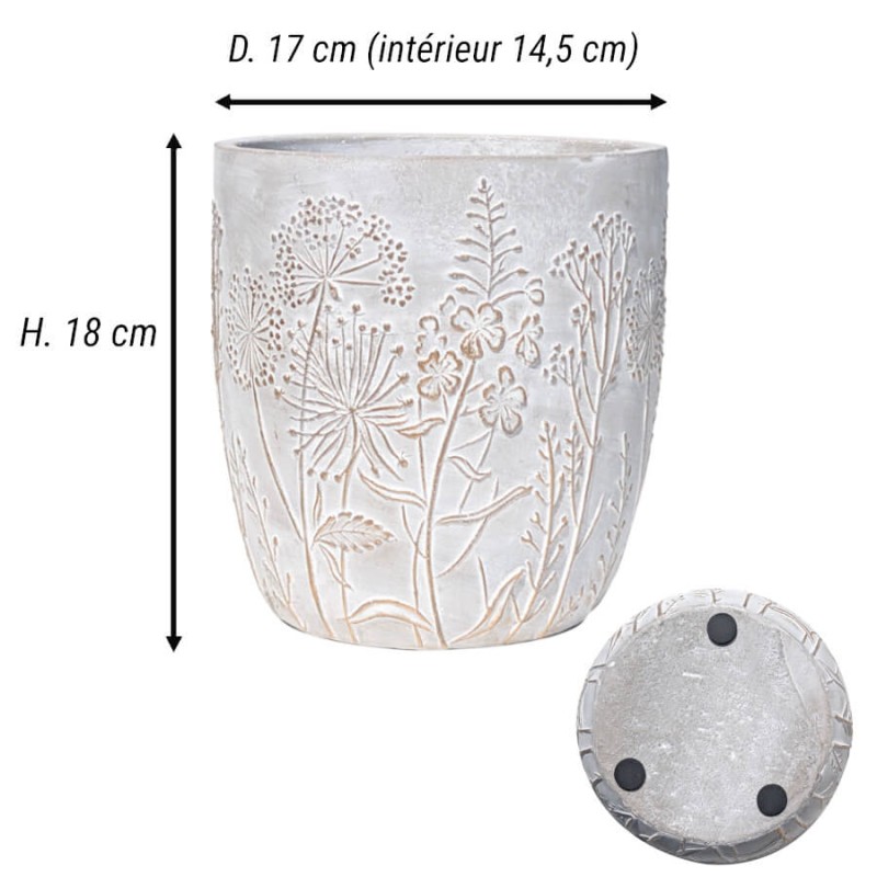 Schéma technique : Dimensions précises (H 18 cm, D 17 cm, D intérieur 14,5 cm) et vue des patins de protection.