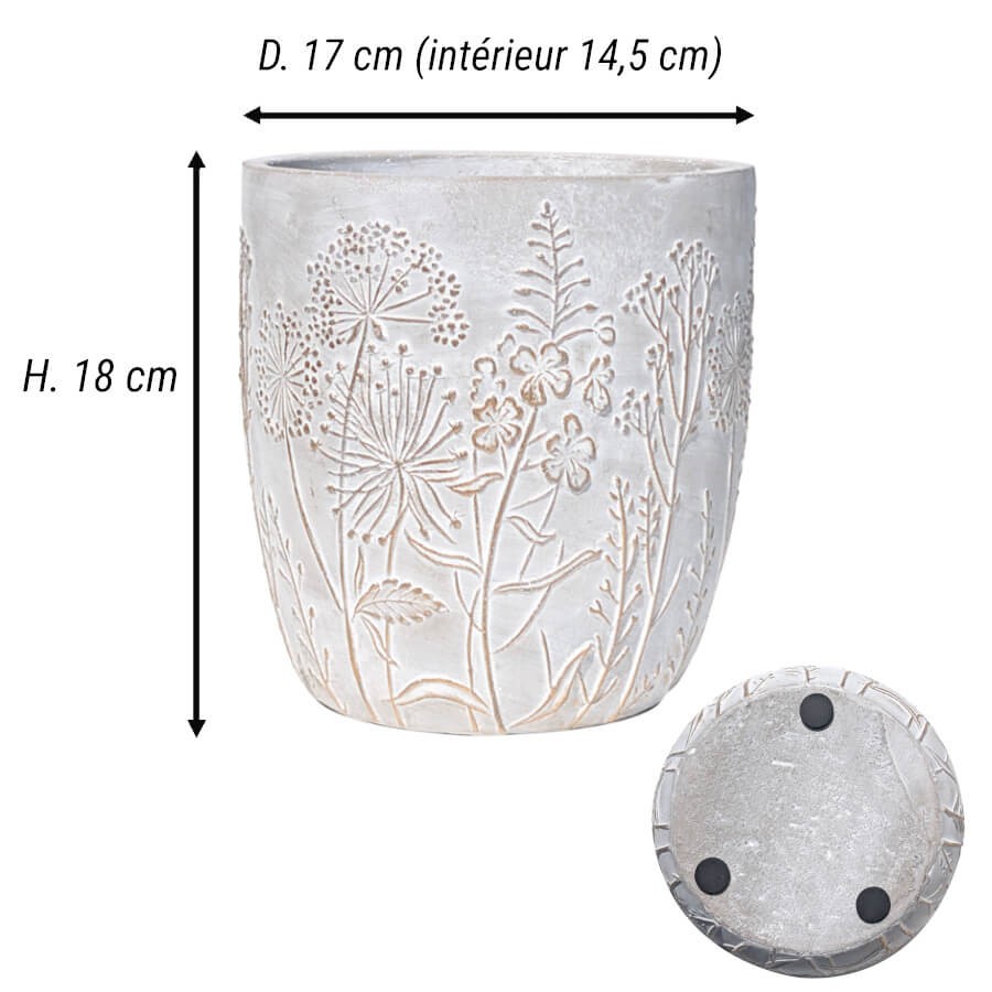 Schéma technique : Dimensions précises (H 18 cm, D 17 cm, D intérieur 14,5 cm) et vue des patins de protection.