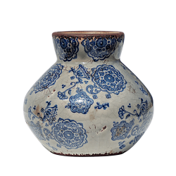 Vase bombé en céramique craquelée (H17 cm) avec motifs floraux bleus traditionnels et col bordé de terre cuite.