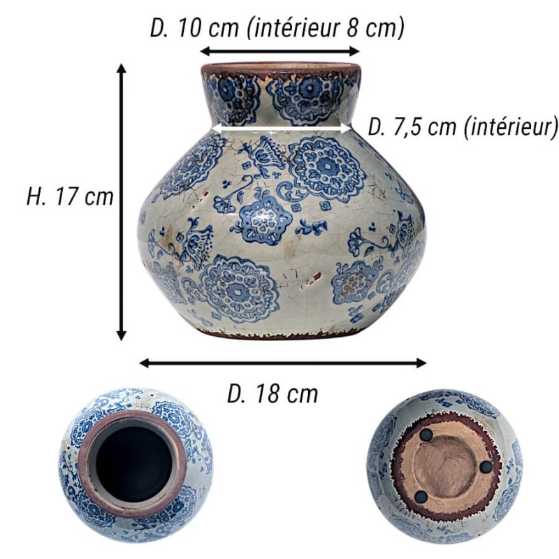 Schéma indiquant une hauteur de 17 cm, un diamètre de 18 cm et les mesures précises du col (10 cm extérieur / 8 cm intérieur).
