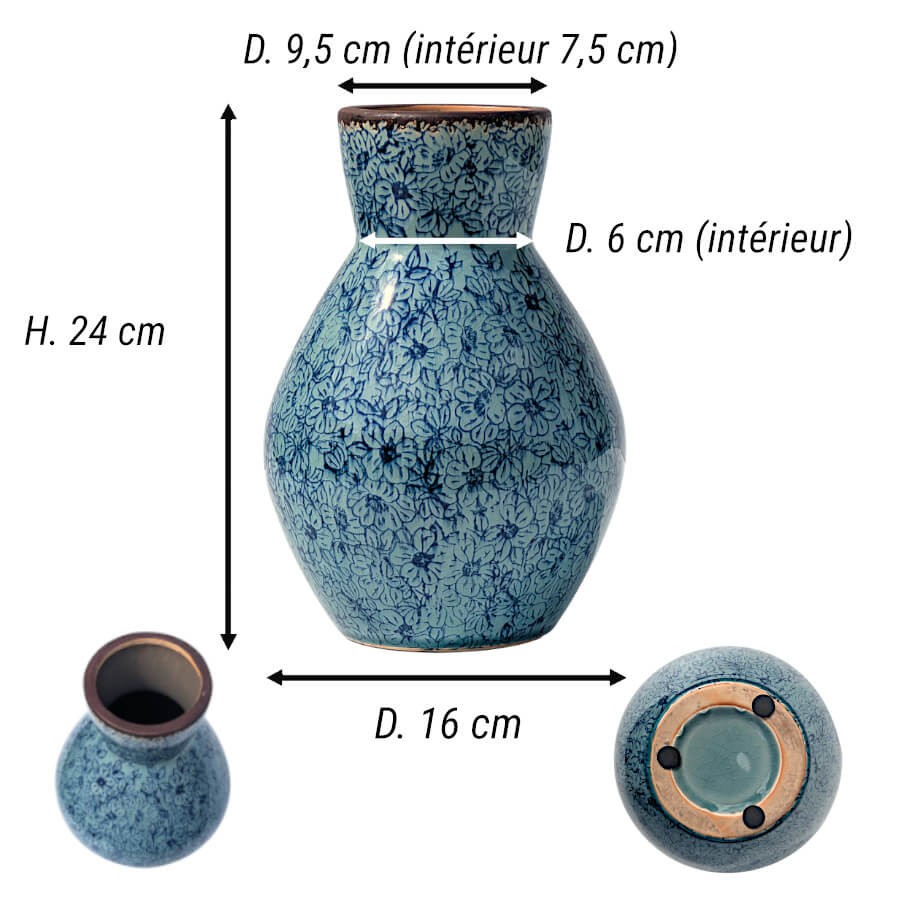 Dimensions précises (H24 cm, D16 cm) avec détails du col (D9,5 cm extérieur/7,5cm intérieur) et vue de la base.