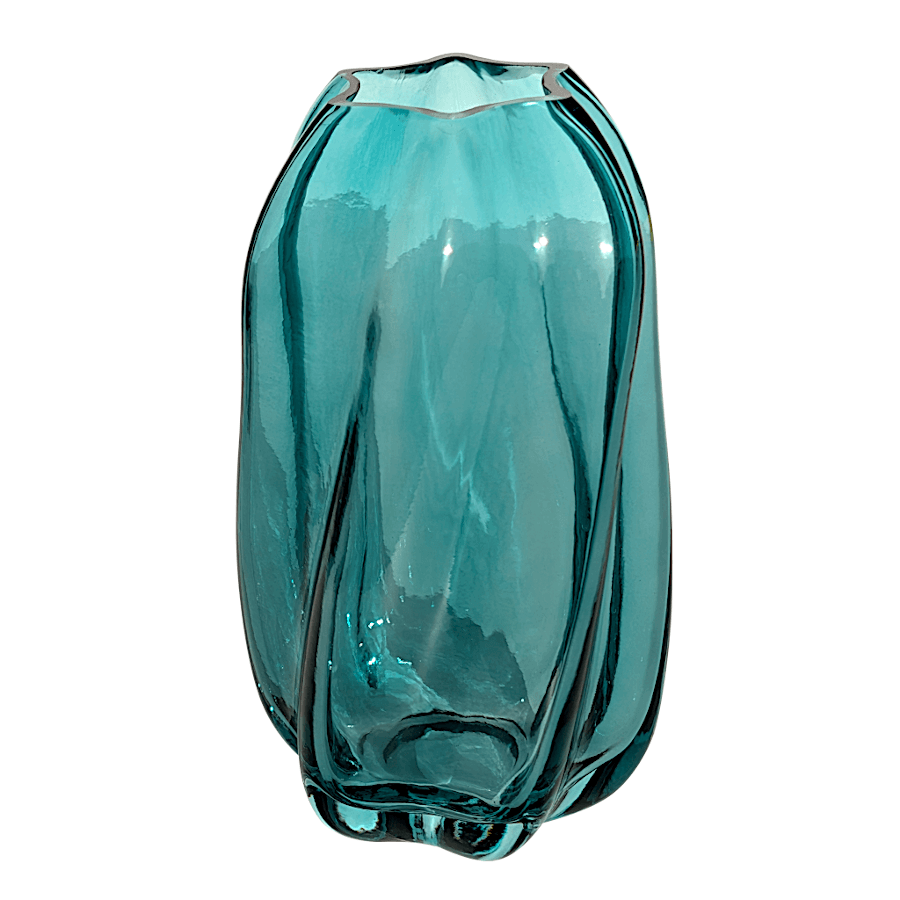Vase en verre transparent bleu émeraude (H22 cm) avec un travail de torsades verticales élégantes.