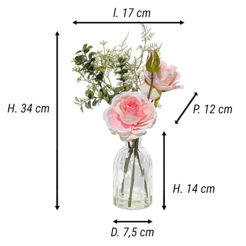 Dimensions de la composition (H 34 cm, L 17 cm, P 12 cm) et du vase seul (H 14 cm, D 7,5 cm).