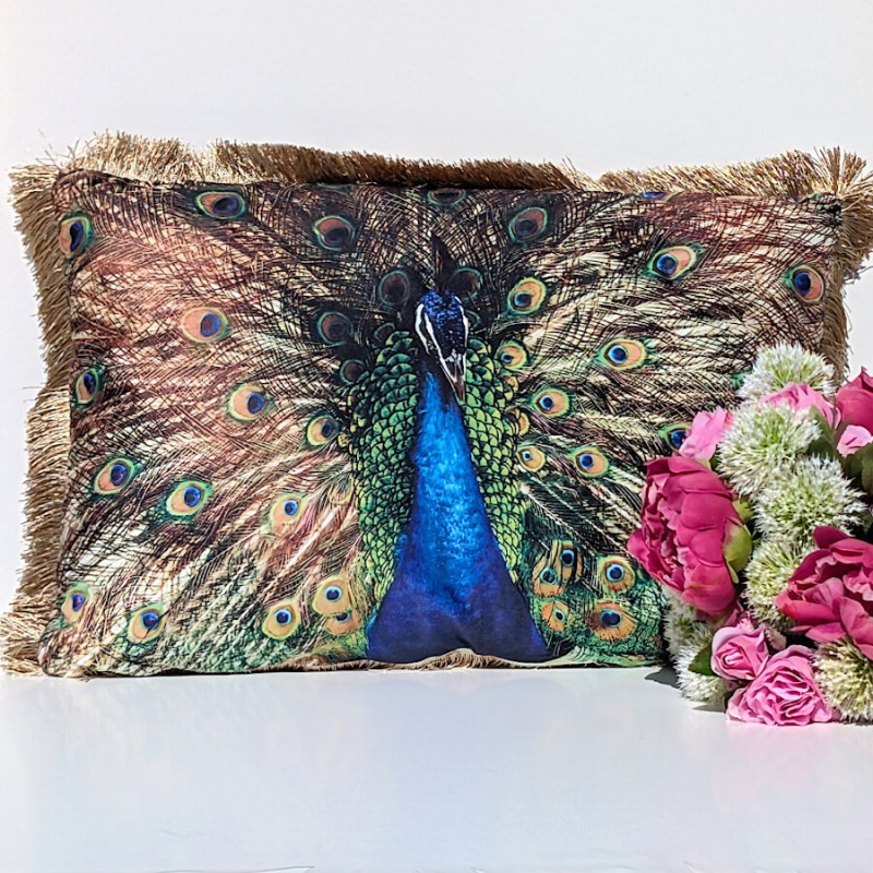 Coussin paon à franges – parade nuptiale de Léon | Deco-Delight.com