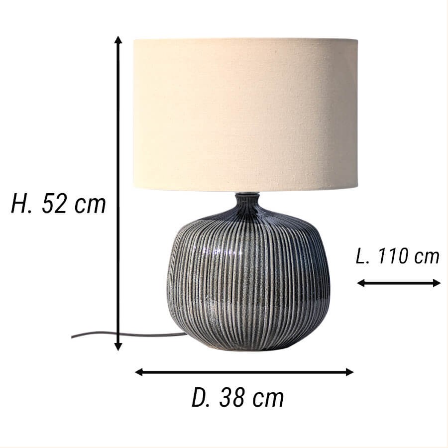 Dessin technique indiquant les dimensions de la lampe : hauteur de 52 cm, diamètre de 38 cm et câble de 110 cm.