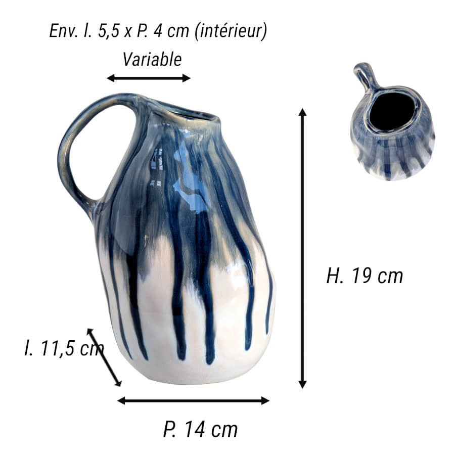 Fiche technique : Schéma des dimensions du pichet : H19 cm, L11,5 cm, P14 cm, ouverture 5,5x4 cm.