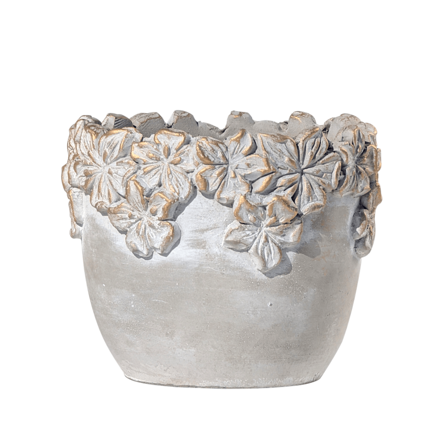 Image de couverture : Cache-pot en ciment gris et couronne de fleurs dorées en relief D13 cm, H11 cm.