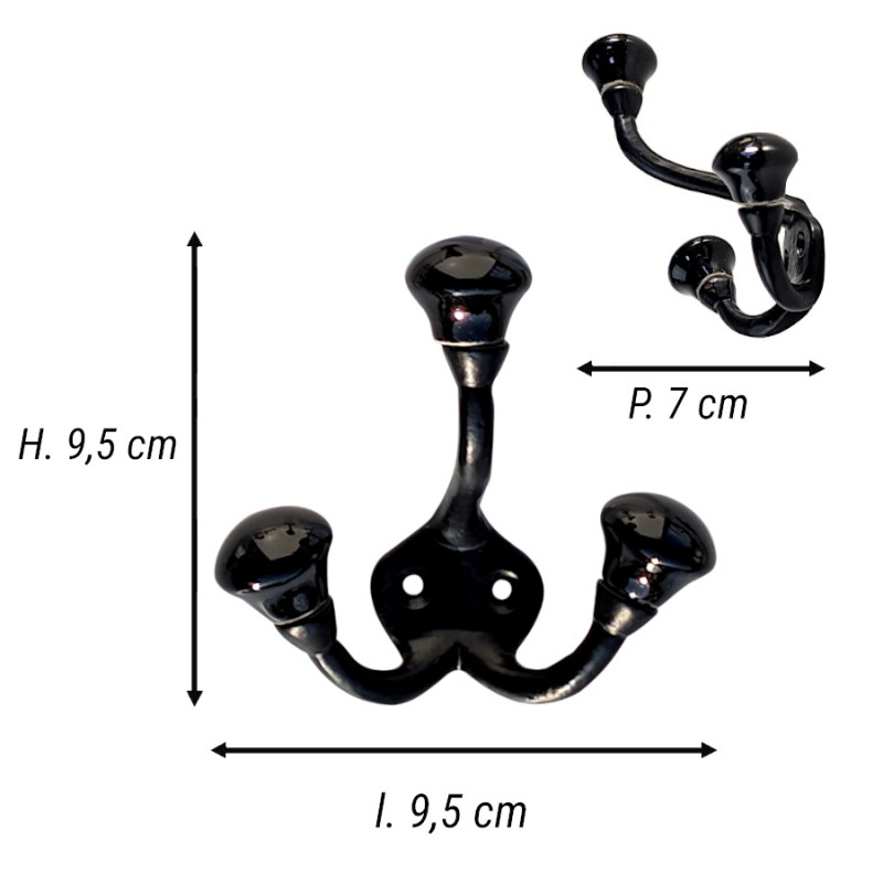 Fiche technique : Schéma des dimensions de la patère : H9,5 cm, L9,5 cm, P7 cm.