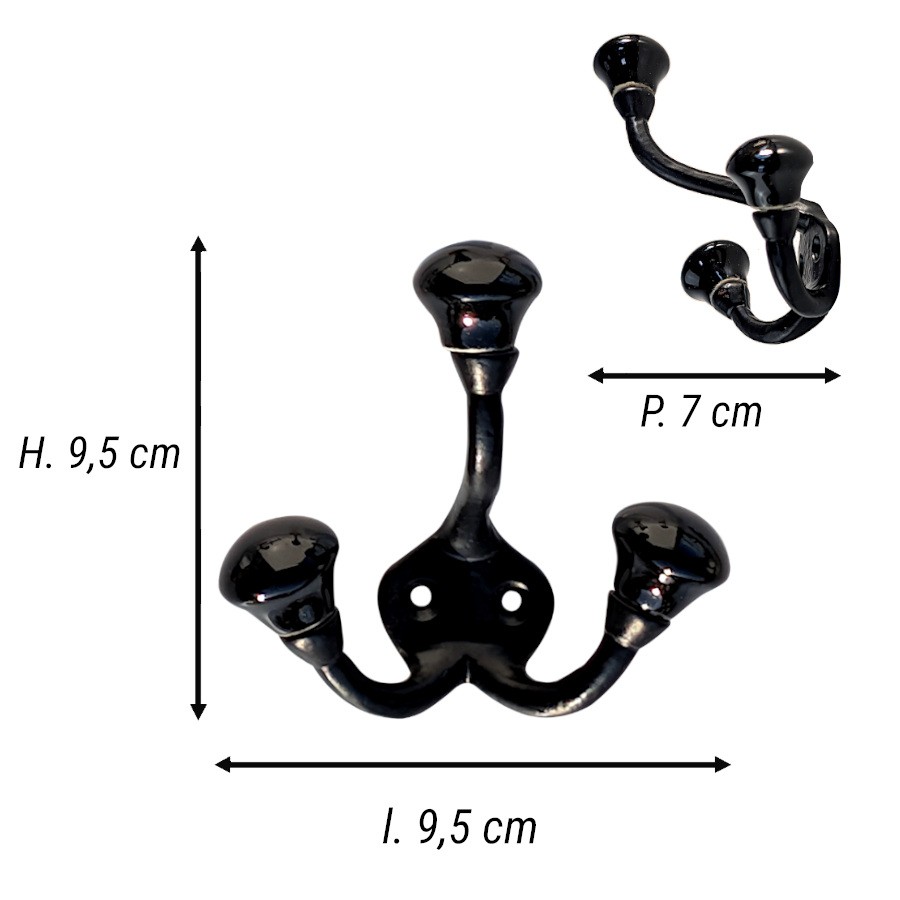 Fiche technique : Schéma des dimensions de la patère : H9,5 cm, L9,5 cm, P7 cm.