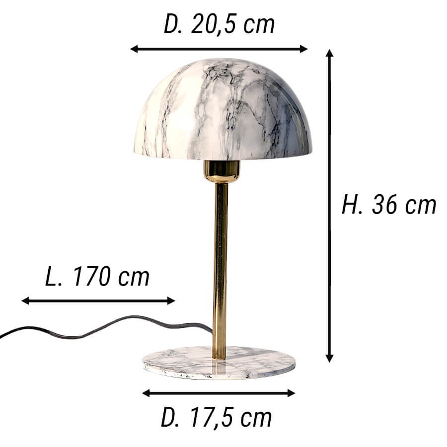 Fiche technique : Schéma avec dimensions de la lampe : H36 cm, D20,5 cm, câble 170 cm.