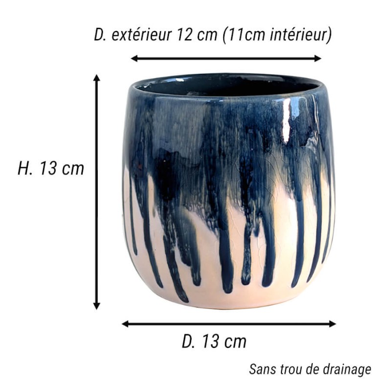 Fiche technique : Schéma des dimensions du cache-pot : H13 cm, D13 cm, intérieur 11 cm.