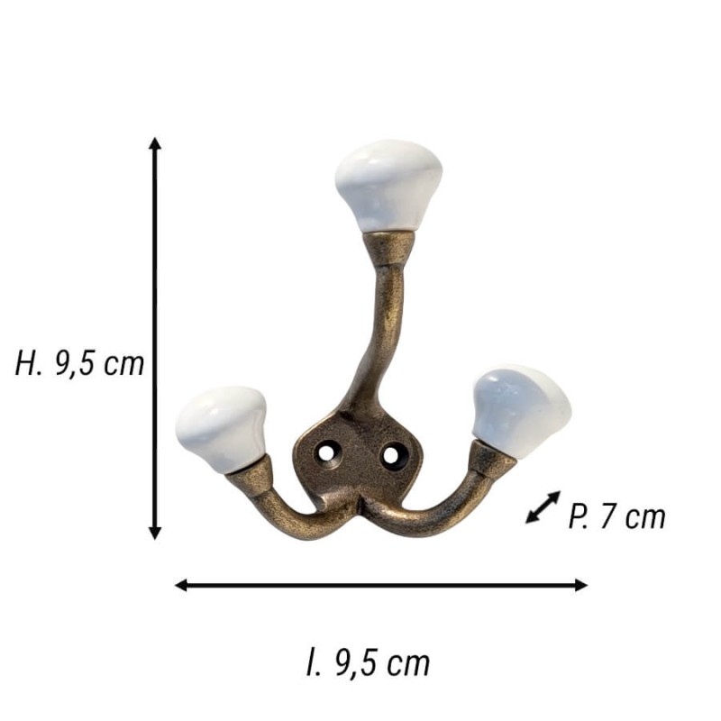 Fiche technique : Schéma avec les dimensions de la patère dorée : H9,5 cm, L9,5 cm, P7 cm.