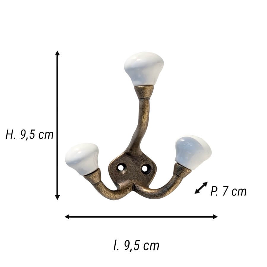 Fiche technique : Schéma avec les dimensions de la patère dorée : H9,5 cm, L9,5 cm, P7 cm.
