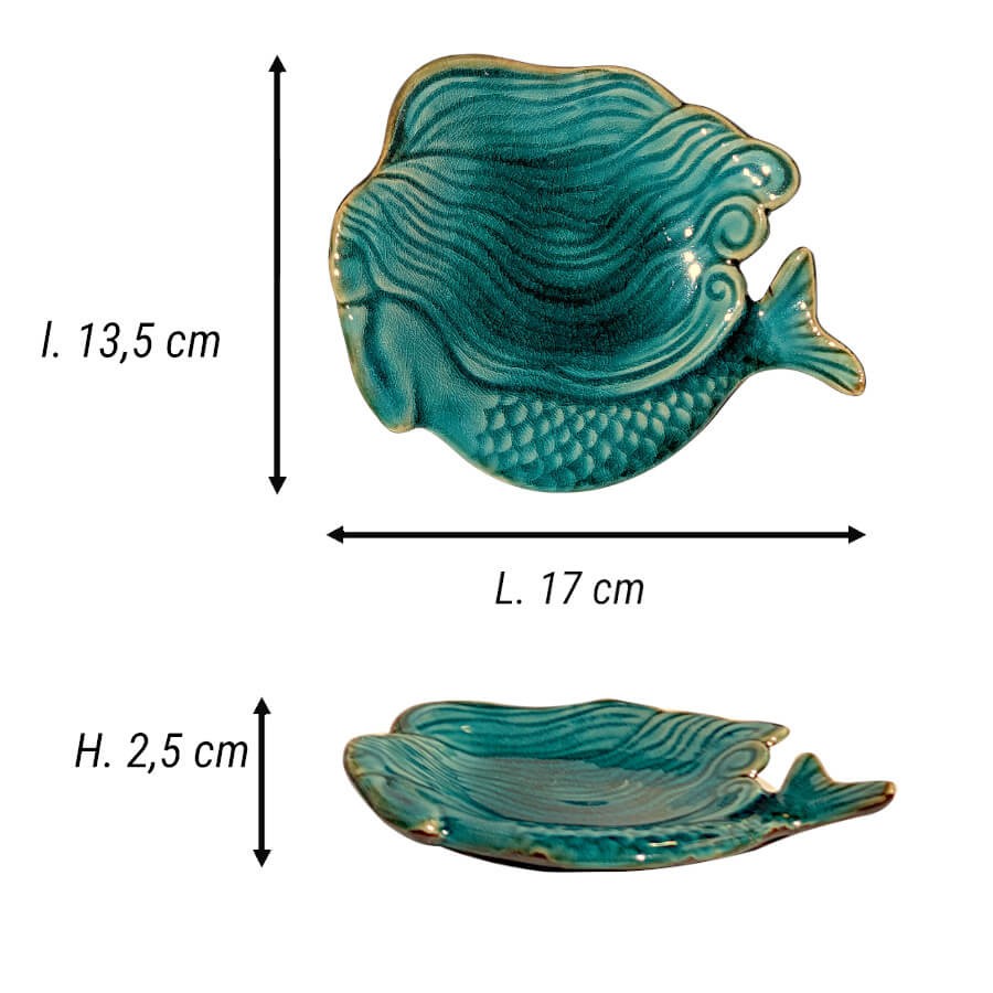 Fiche technique : Schéma avec les dimensions du vide-poches sirène : L 17 cm, l 13,5 cm, H 2,5 cm.