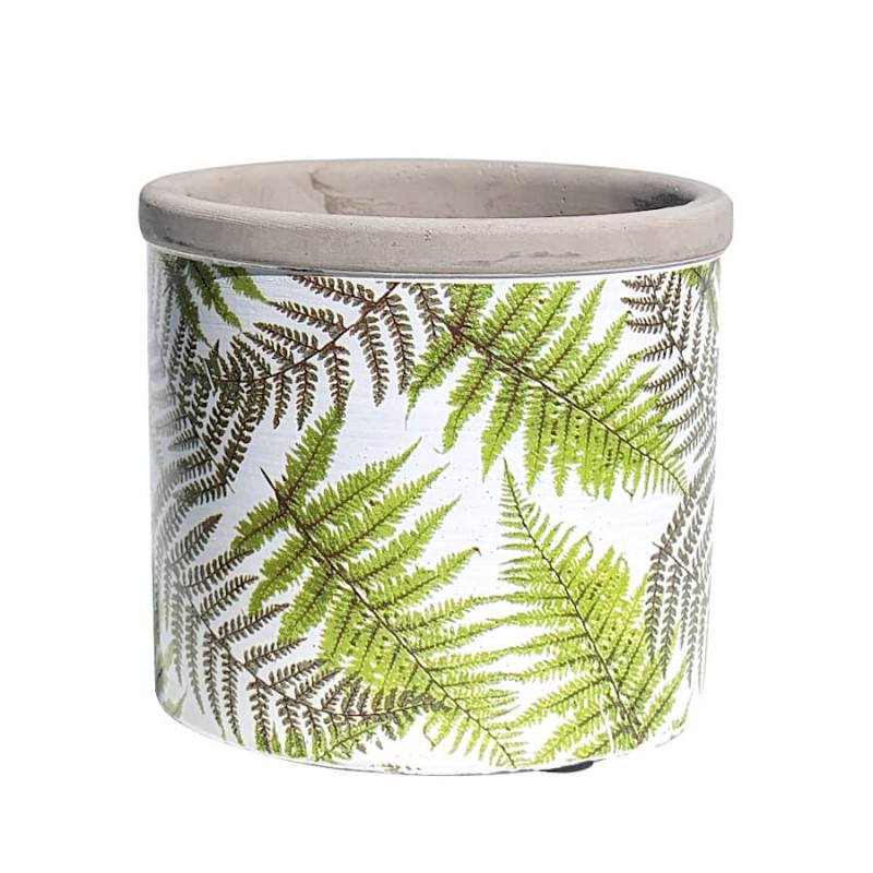 Image de couverture : Petit cache-pot en ciment blanc motif fougères vertes H9 cm D10,5 cm.