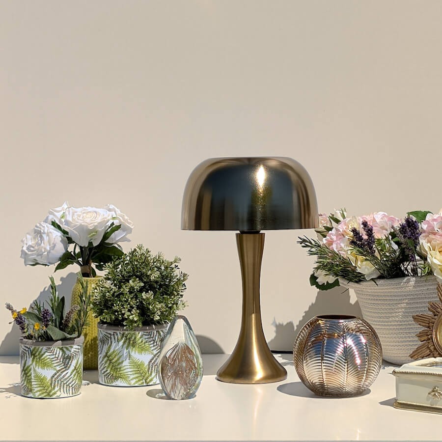 Composition moderne laiton : Petit pot végétal au premier plan devant une lampe champignon dorée.