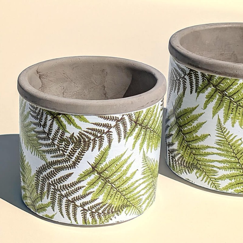 Duo de cache-pots : Le petit pot fougère H9 cm posé à côté de son grand frère H10,5 cm.