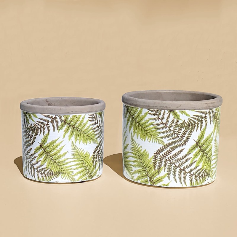 Vue de face duo : Présentation côte à côte des deux tailles de pots fougères sur fond beige.
