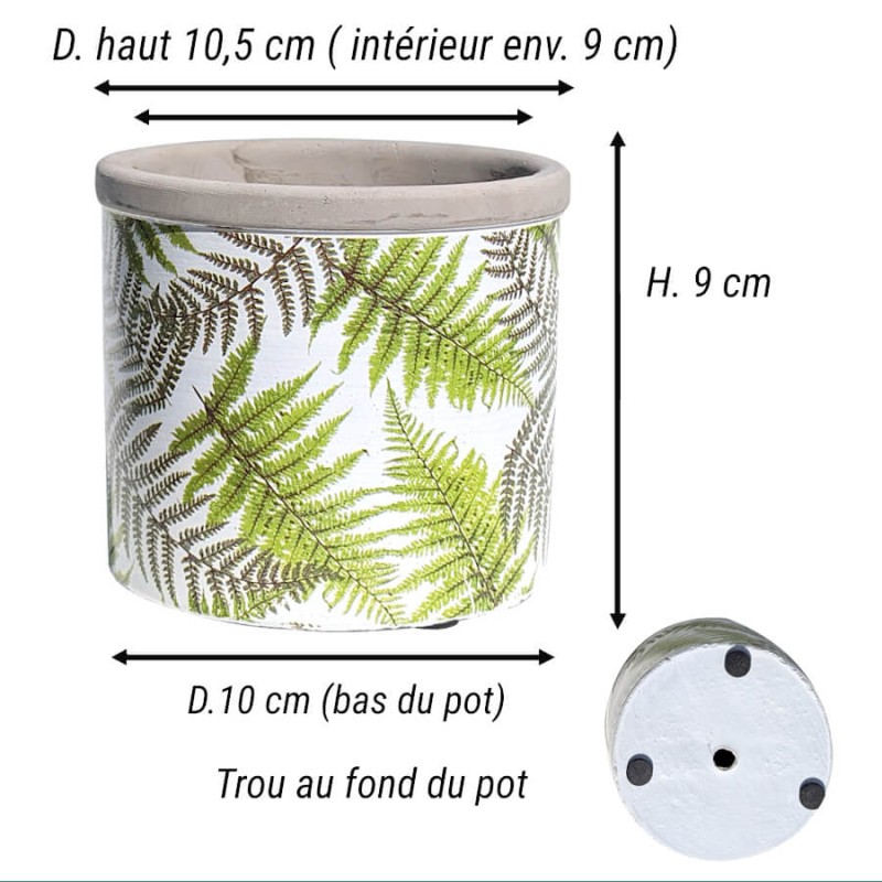 Fiche technique : Schéma avec les dimensions du petit pot : H 9 cm, D intérieur 9 cm, D extérieur 10,5 cm, D base 10 cm.