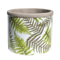 Image de couverture : Cache-pot rond en ciment blanc imprimé de feuilles de fougères vertes, H10,5 cm et D12,5 cm.