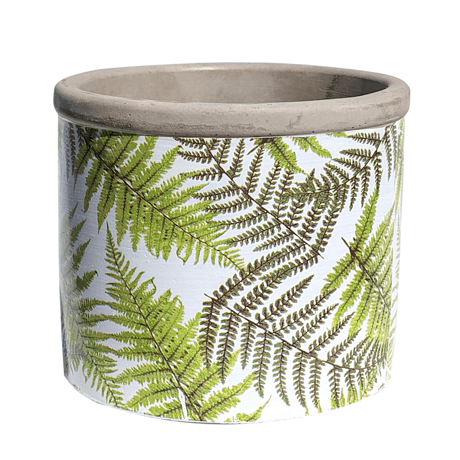 Image de couverture : Cache-pot rond en ciment blanc imprimé de feuilles de fougères vertes, H10,5 cm et D12,5 cm.