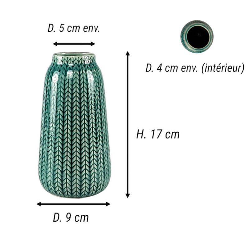 Fiche technique : Schéma des dimensions du vase turquoise : Hauteur 17 cm, Diamètre 9 cm, Col 4 cm.