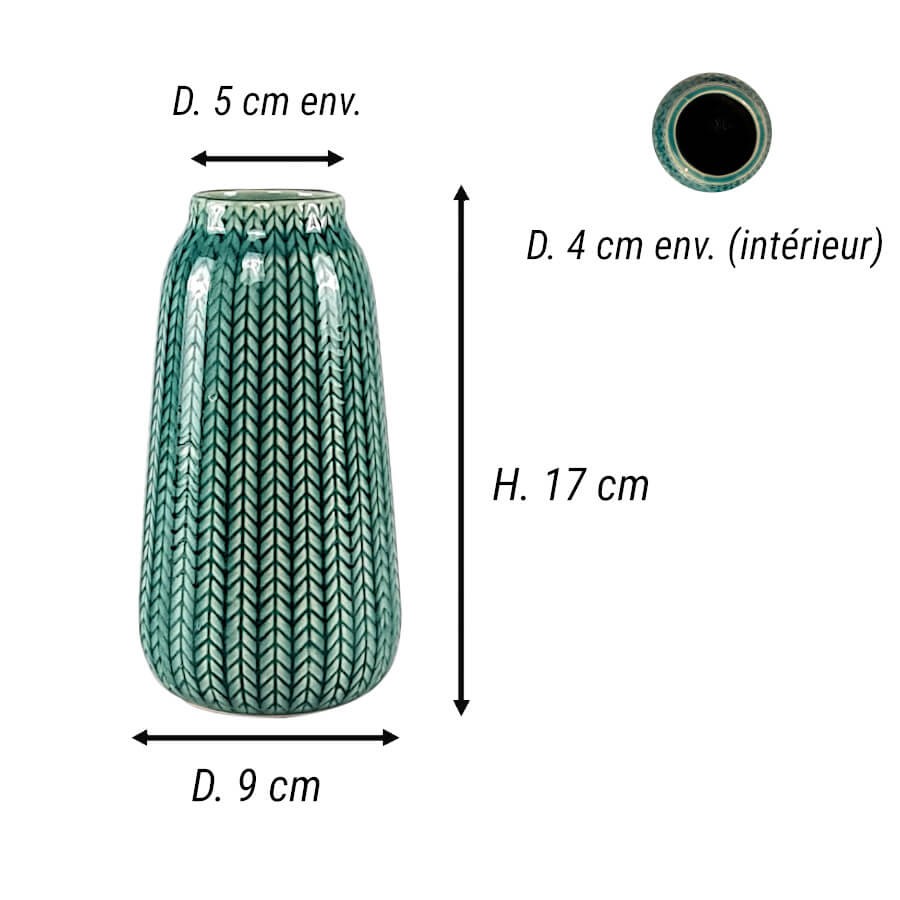 Fiche technique : Schéma des dimensions du vase turquoise : Hauteur 17 cm, Diamètre 9 cm, Col 4 cm.