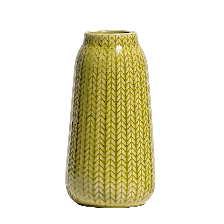 Couverture : Vase en céramique jaune motif épi de blé en relief H17 cm.