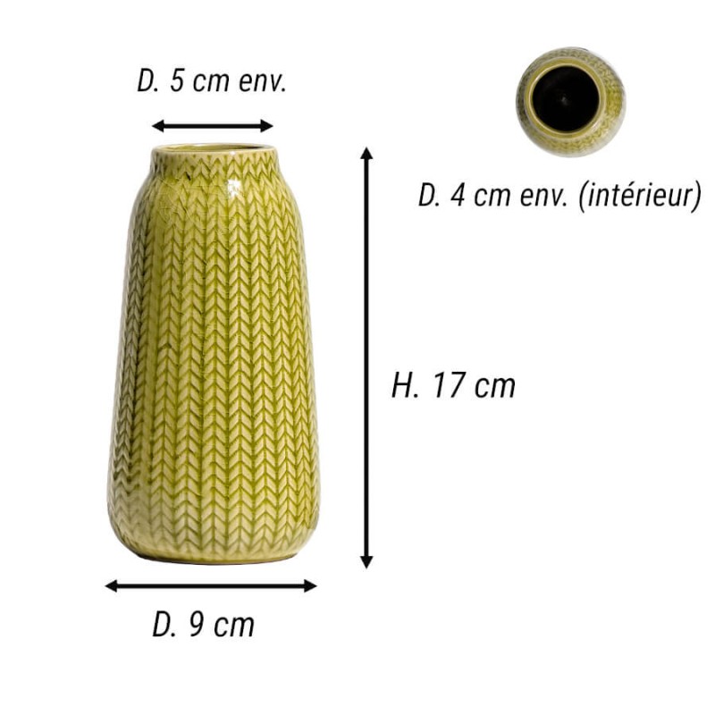 Dimensions Jaune : Croquis technique avec mesures du vase jaune : Hauteur 17 cm, Diamètre 9 cm.