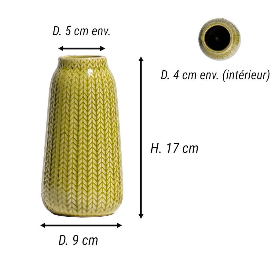 Dimensions Jaune : Croquis technique avec mesures du vase jaune : Hauteur 17 cm, Diamètre 9 cm.