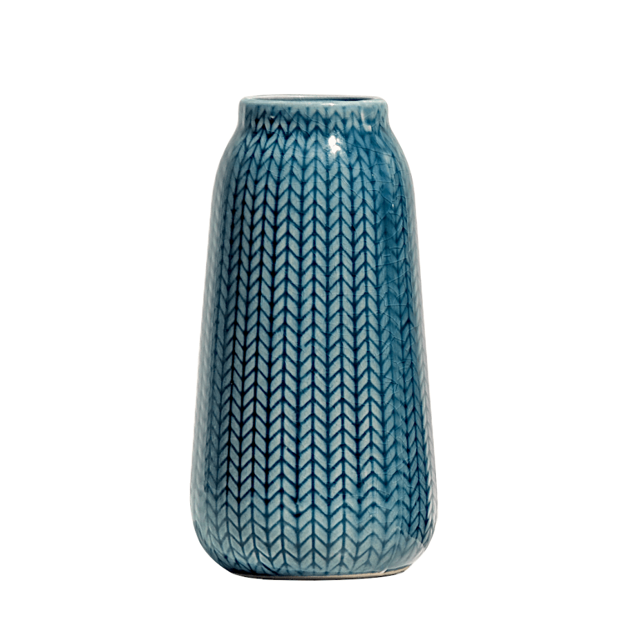 Couverture : Vase en céramique bleu de saxe motif épi de blé en relief H17 cm.