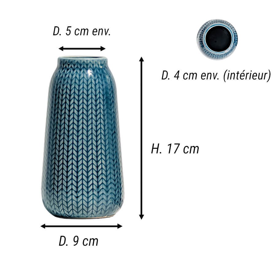 Dimensions Bleu : Schéma des mesures pour le vase en faïence bleue : H. 17 cm x D. 9 cm.