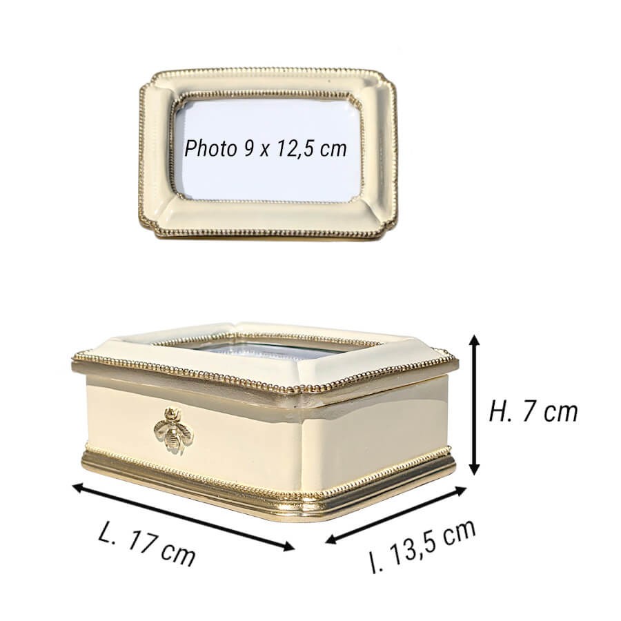 Fiche technique : Schéma avec dimensions de la boîte : Longueur 17 cm, Largeur 13,5 cm, Hauteur 7 cm (format photo 9x12,5 cm).