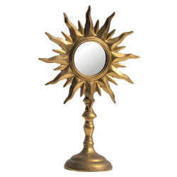 Couverture : Miroir soleil doré sur pied en résine style vintage ex-voto H26,5 cm.