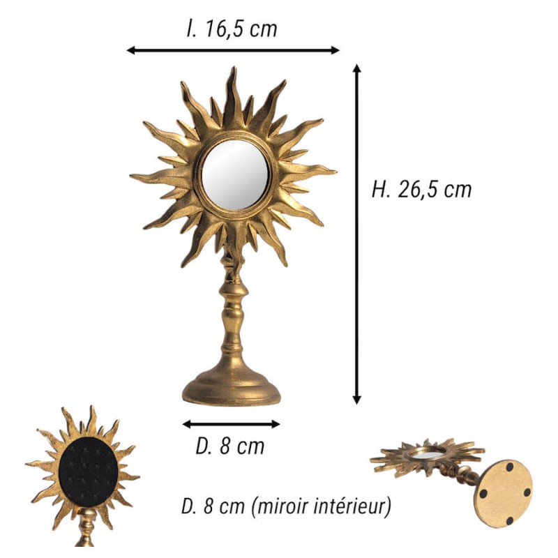 Dimensions précises du miroir : Hauteur 26,5 cm, Largeur 16,5 cm, Diamètre miroir intérieur 8 cm, Diamètre socle 8 cm.