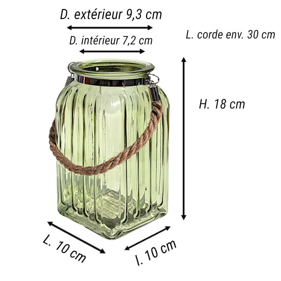 Schéma dimensionnel : Plan technique avec les mesures du photophore vert (H18 cm x L10 cm).