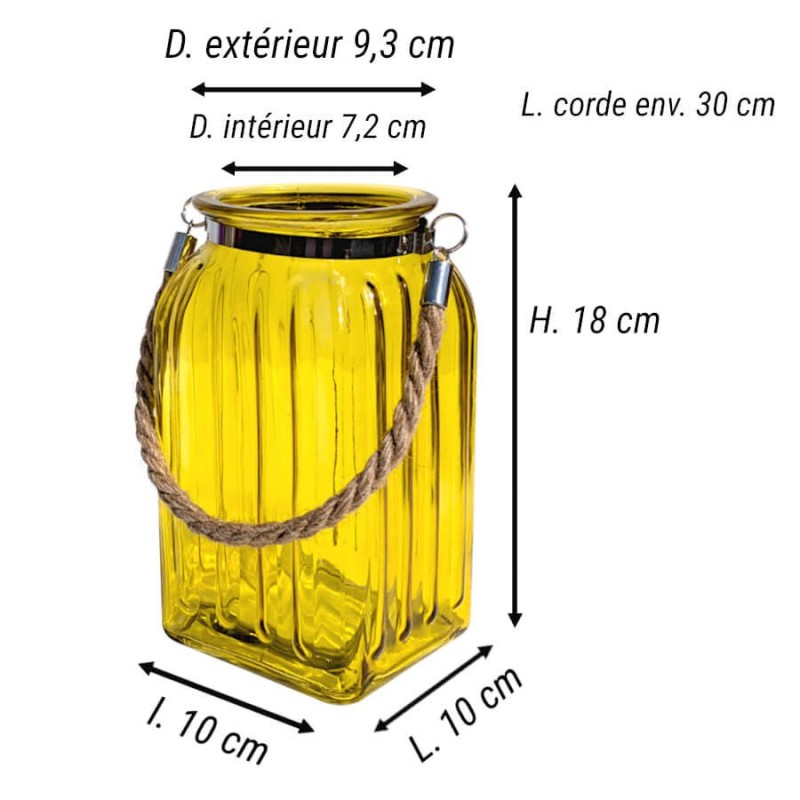 Schéma technique jaune : Infographie technique avec les cotes et mesures de la lanterne jaune (Hauteur 18 cm x Largeur 10 cm).