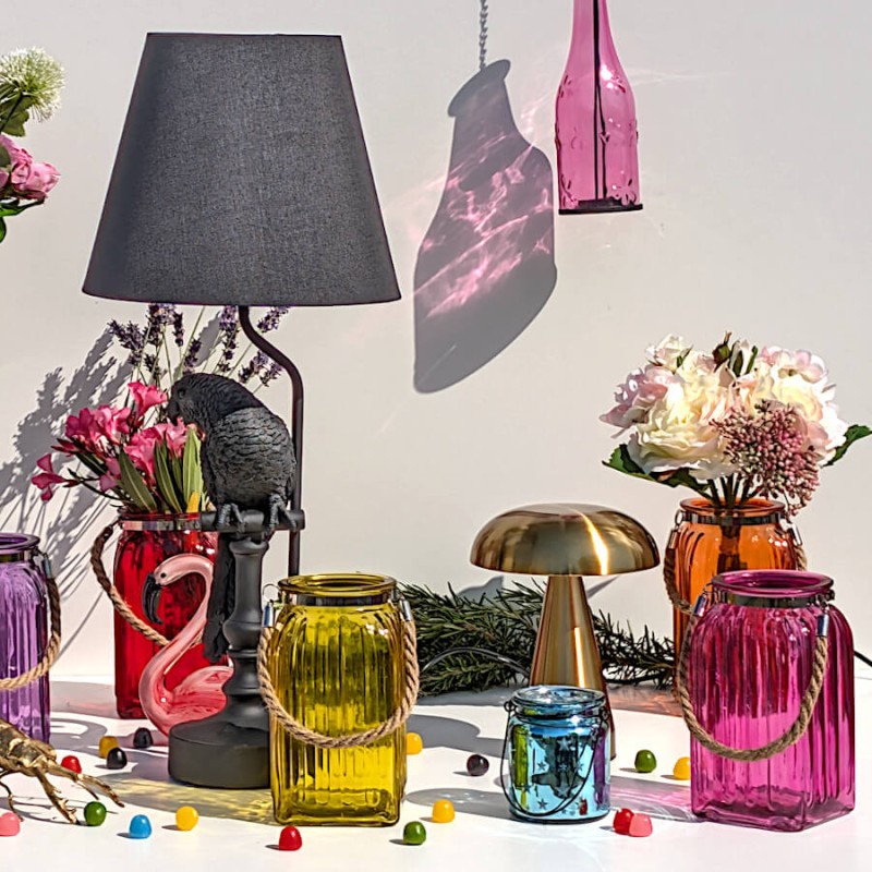 Ambiance cabinet de curiosités pepsi : Scène complète avec lampe noire, flamant rose, pivoines et photophores colorés.