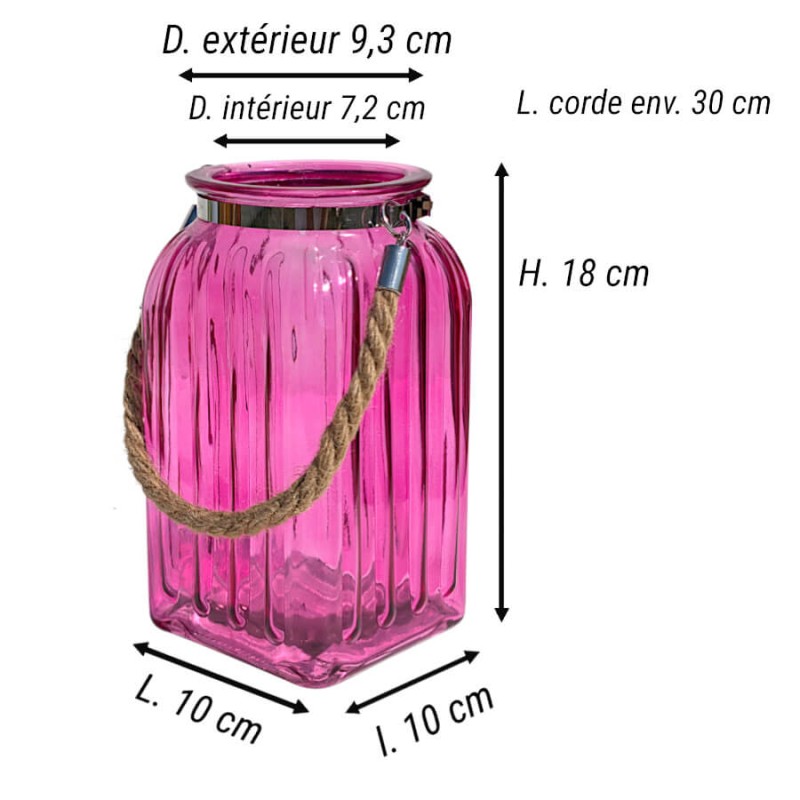 Schéma technique indiquant les dimensions précises de la lanterne fuchsia (H18 cm x L10 cm).