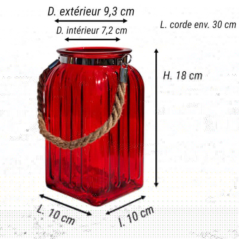 Schéma technique rouge : dimensions précises de la lanterne rouge (H18 cm x L10 cm).