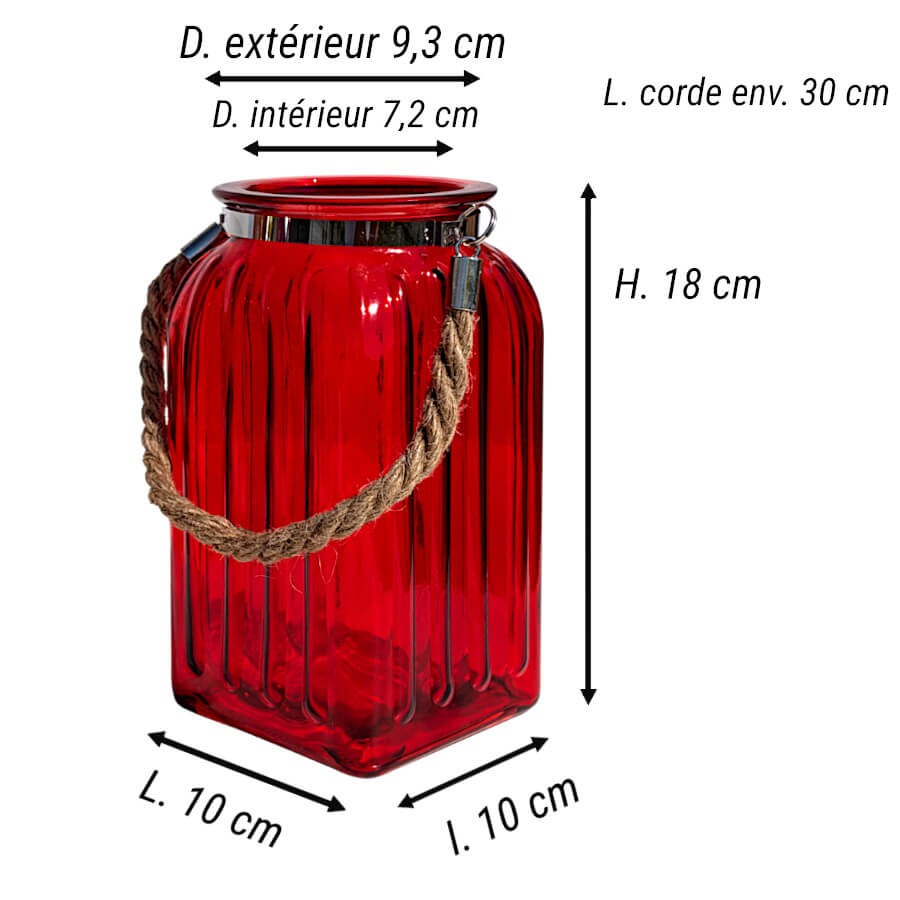 Schéma technique rouge : dimensions précises de la lanterne rouge (H18 cm x L10 cm).