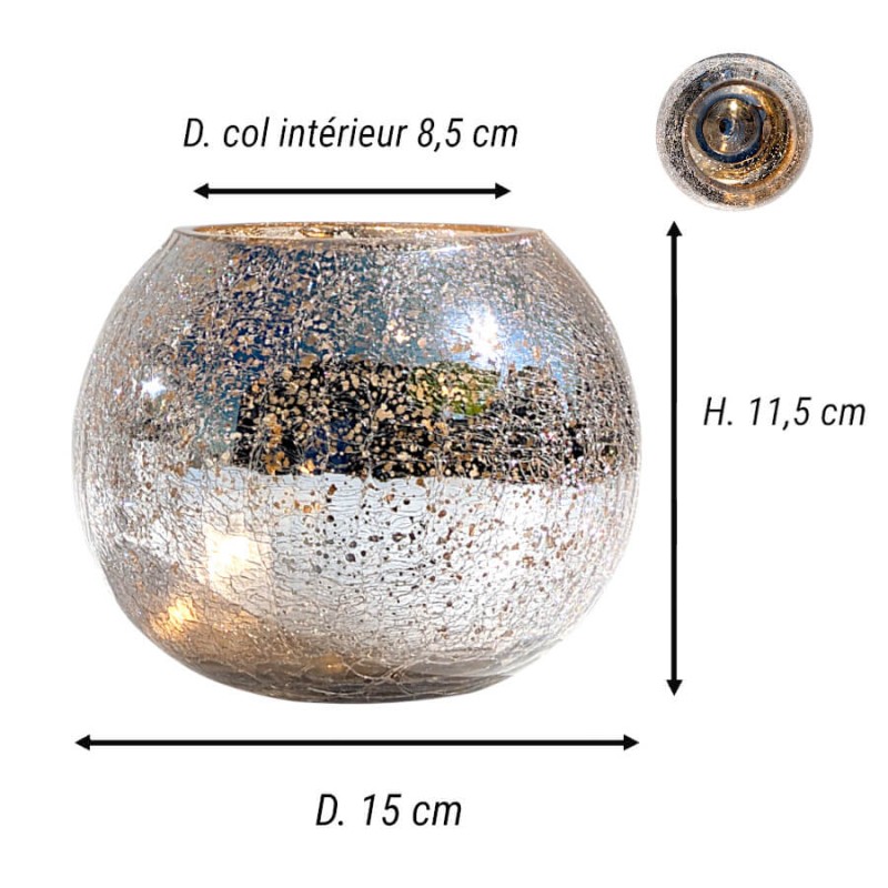 Schéma technique indiquant les dimensions du photophore : Hauteur 11,5 cm, Diamètre de la boule 15 cm.