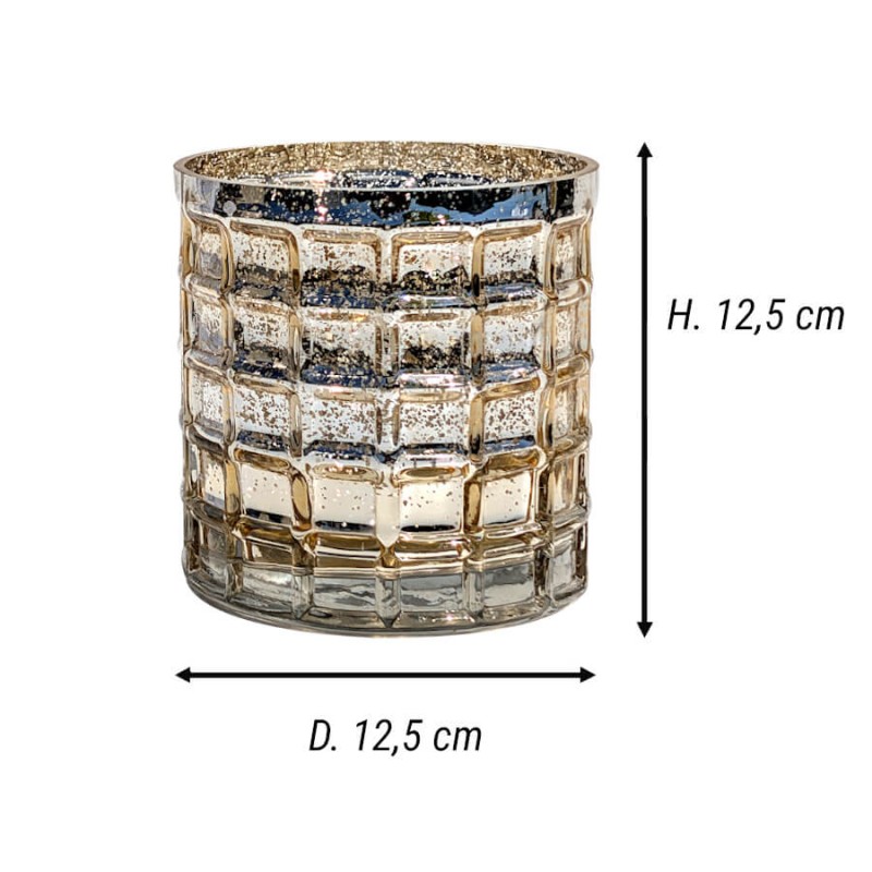 Schéma technique indiquant les dimensions du photophore cylindrique en verre gaufré : Hauteur 12,5 cm et Diamètre 12,5 cm.