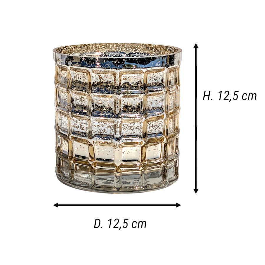 Schéma technique indiquant les dimensions du photophore cylindrique en verre gaufré : Hauteur 12,5 cm et Diamètre 12,5 cm.