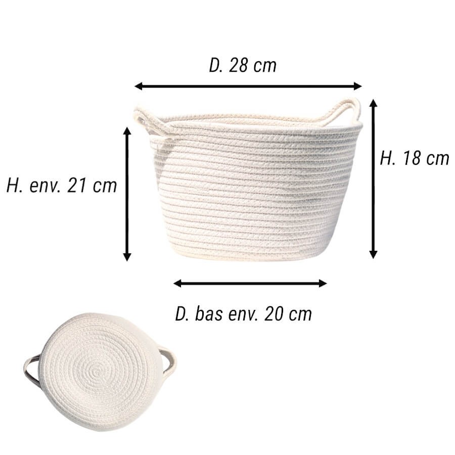 Fiche technique : Schéma avec les dimensions précises du panier : Diamètre supérieur 28 cm, Hauteur totale avec poignées 21 cm.