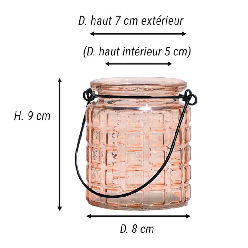Schéma technique du photophore orange-saumon : Hauteur 9 cm, Diamètre 8 cm.