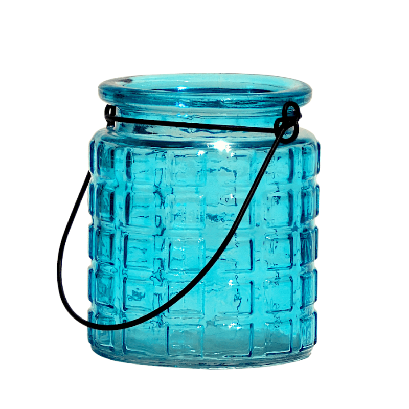 Photophore en verre gaufré teinté turquoise-aqua avec anse métal H9 cm Deco Delight.