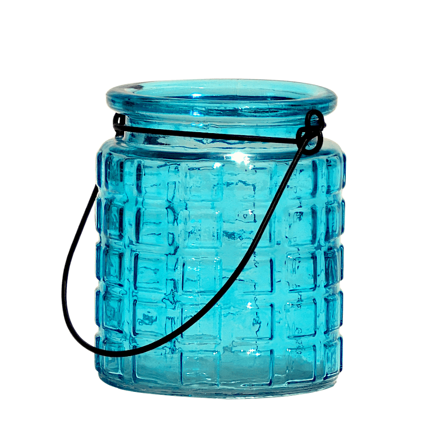 Photophore en verre gaufré teinté turquoise-aqua avec anse métal H9 cm Deco Delight.