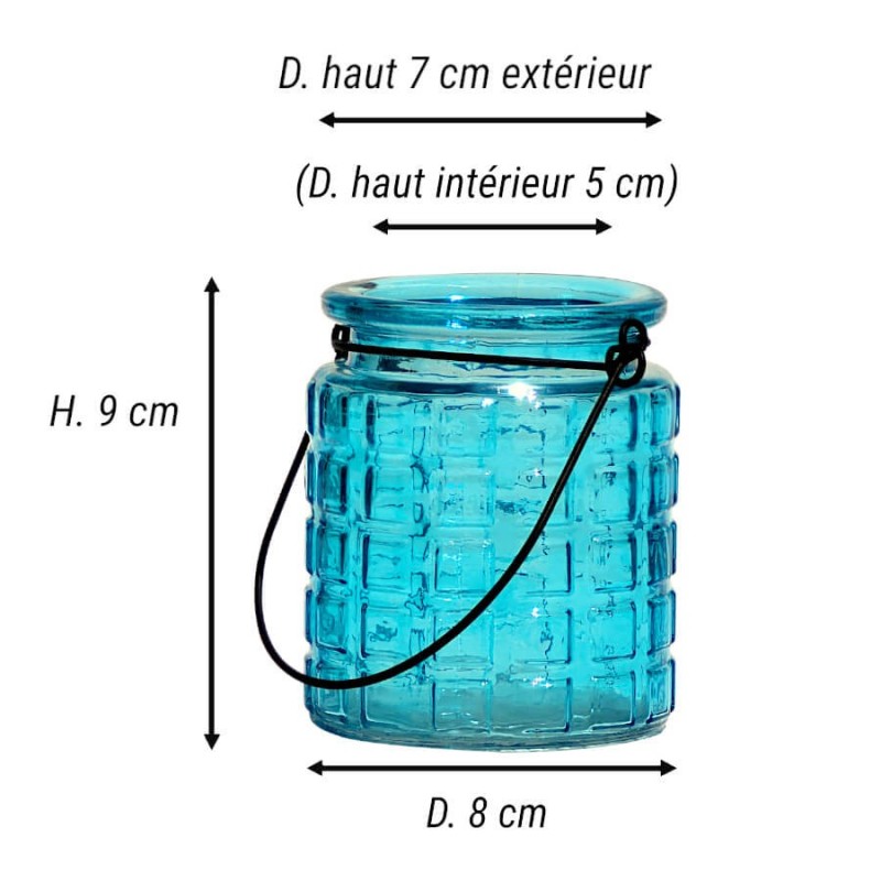 Schéma technique du photophore turquoise-aqua : Hauteur 9 cm, Diamètre 8 cm.